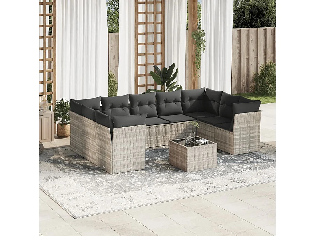 Salon de jardin avec coussins 10 pièces gris clair résine tressée