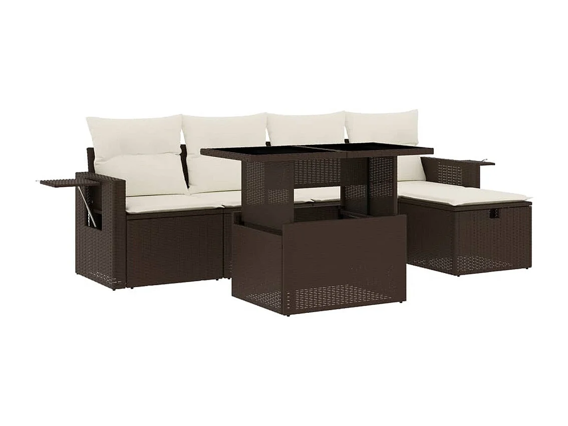 6-delige Loungeset met kussens poly rattan bruin