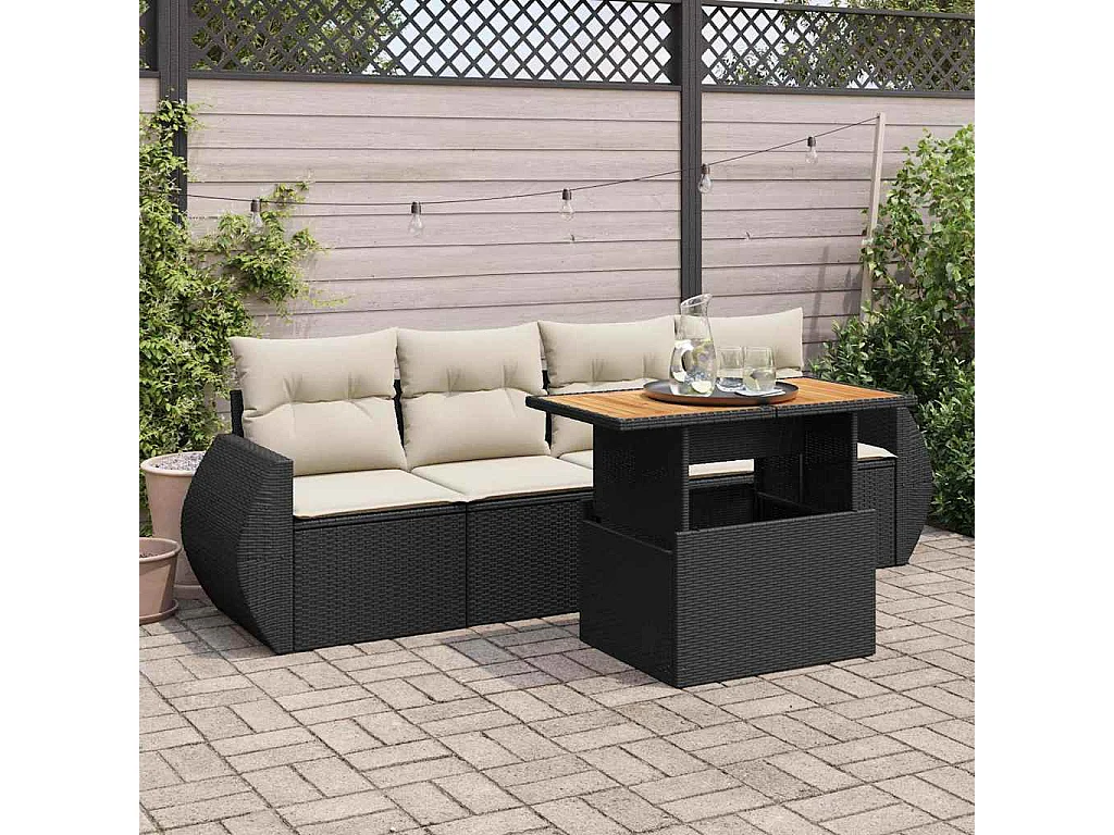 5-delige Loungeset met kussens poly rattan zwart