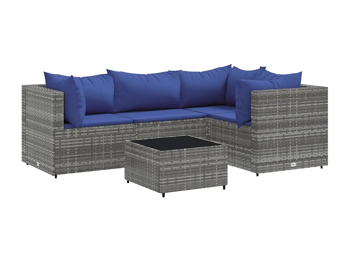 Set de muebles de jardín 5 piezas y cojines ratán sintético gris