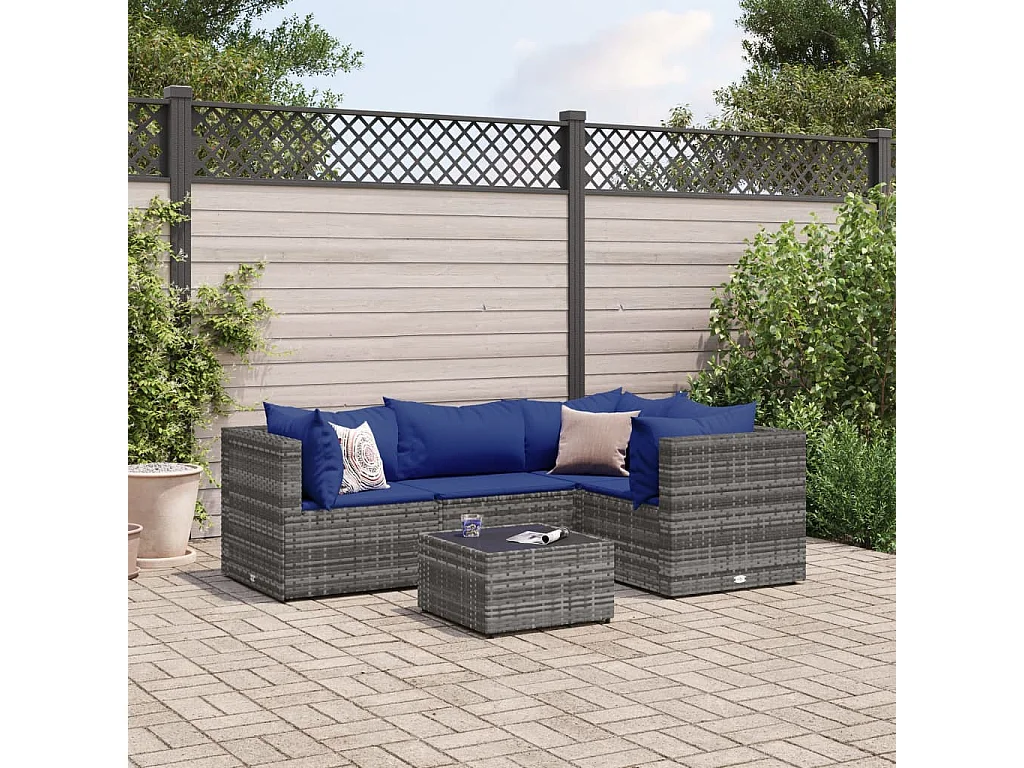 Salon de jardin 5 pièces avec coussins Gris Résine tressée