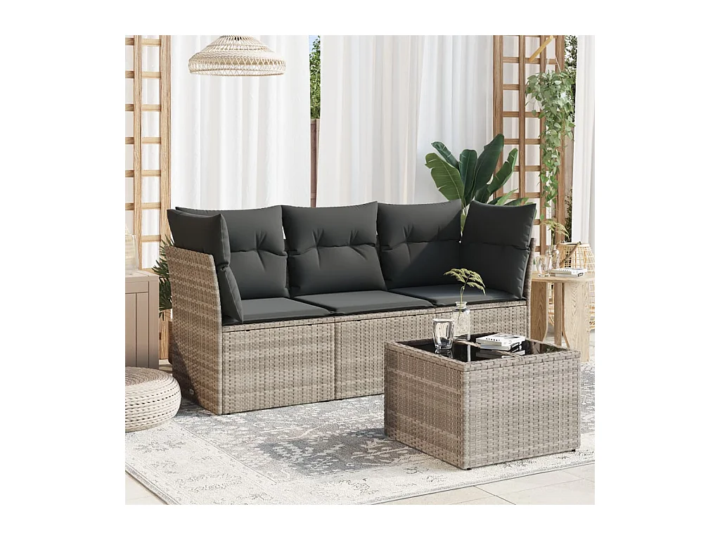 Salon de jardin 4 pièces avec coussins gris clair résine tressée