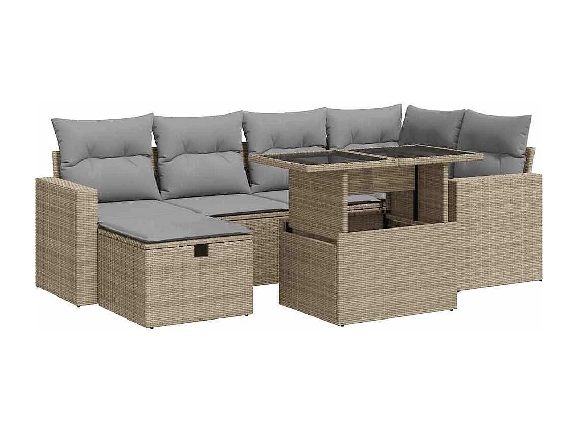 7-delige Loungeset met kussens poly rattan beige