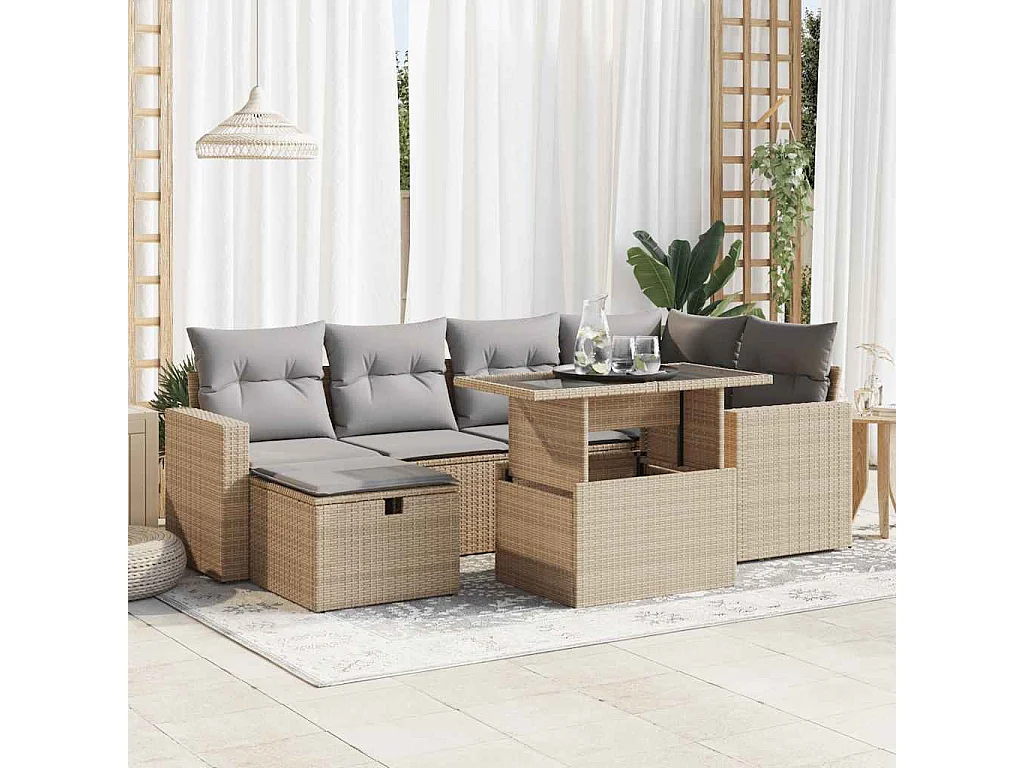 7-delige Loungeset met kussens poly rattan beige