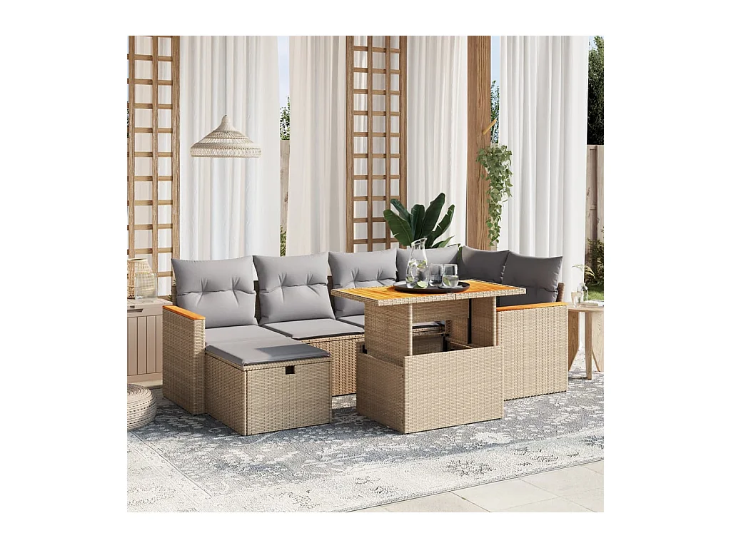 7 peças conjunto de sofás para jardim com almofadões vime PE bege
