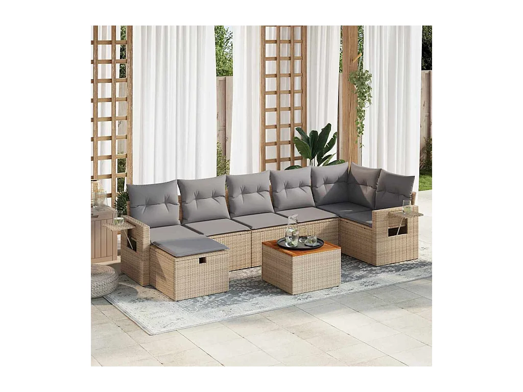 8 peças conjunto de sofás para jardim com almofadões vime PE bege
