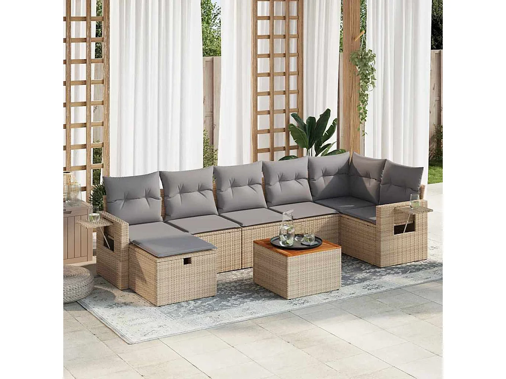 8-delige Loungeset met kussens poly rattan beige