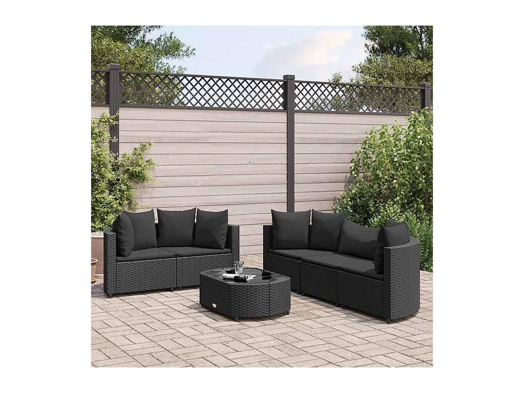 Set de sofás de jardín 6 piezas y cojines ratán sintético negro