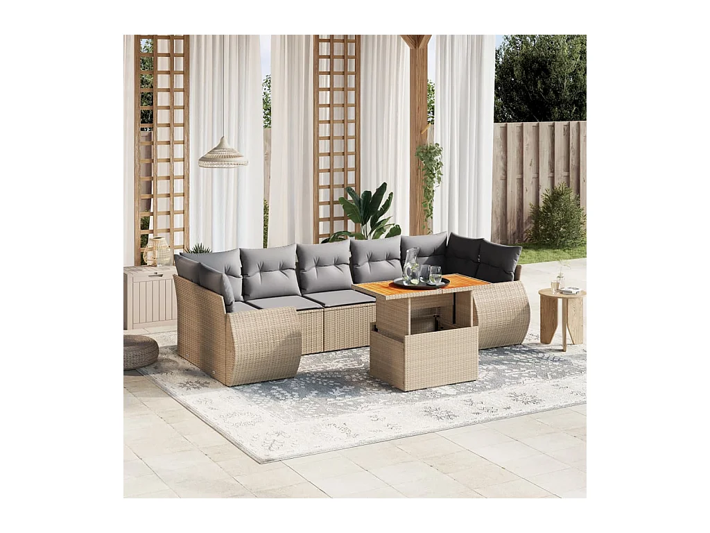 8-delige Loungeset met kussens poly rattan beige