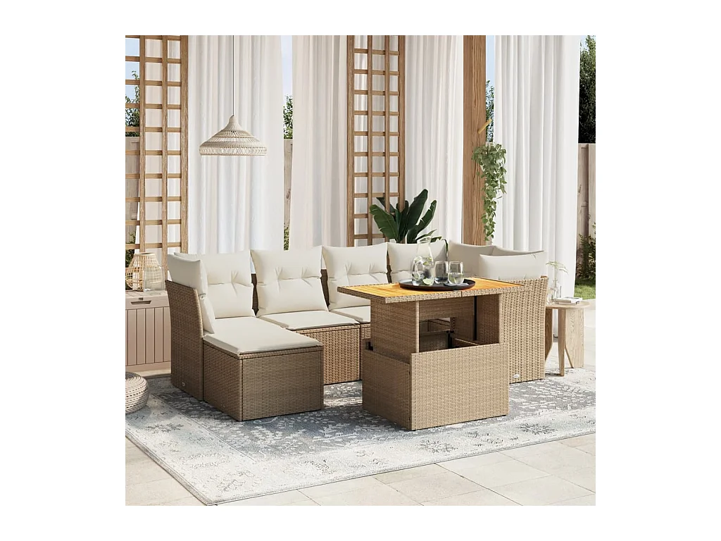7-delige Loungeset met kussens poly rattan beige