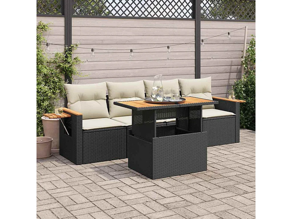 Salon de jardin 5 pièces avec coussins noir résine tressée acacia