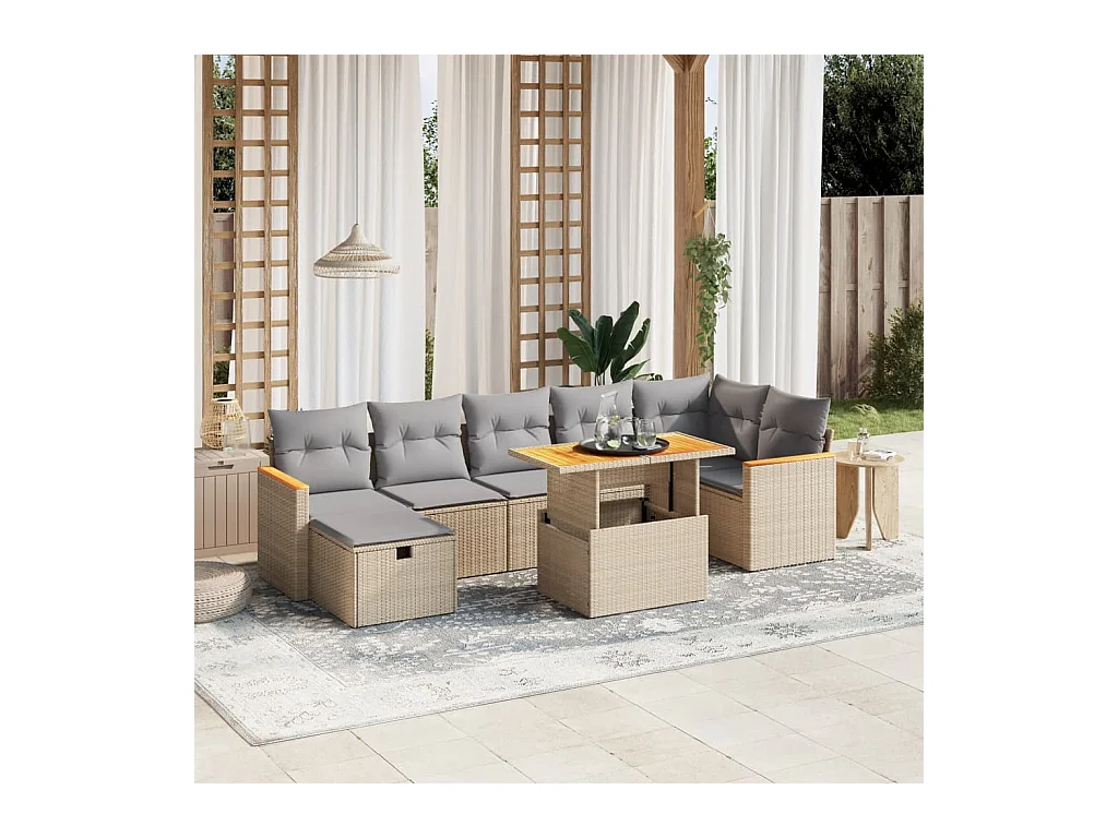 Salon de jardin avec coussins 8 pièces beige résine tressée