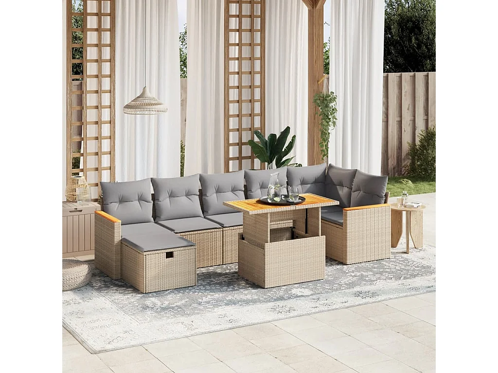 8 peças conjunto de sofás para jardim com almofadões vime PE bege