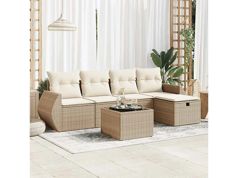 6-delige Loungeset met kussens poly rattan beige