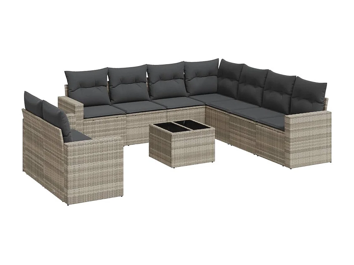 10-delige Loungeset met kussens poly rattan lichtgrijs