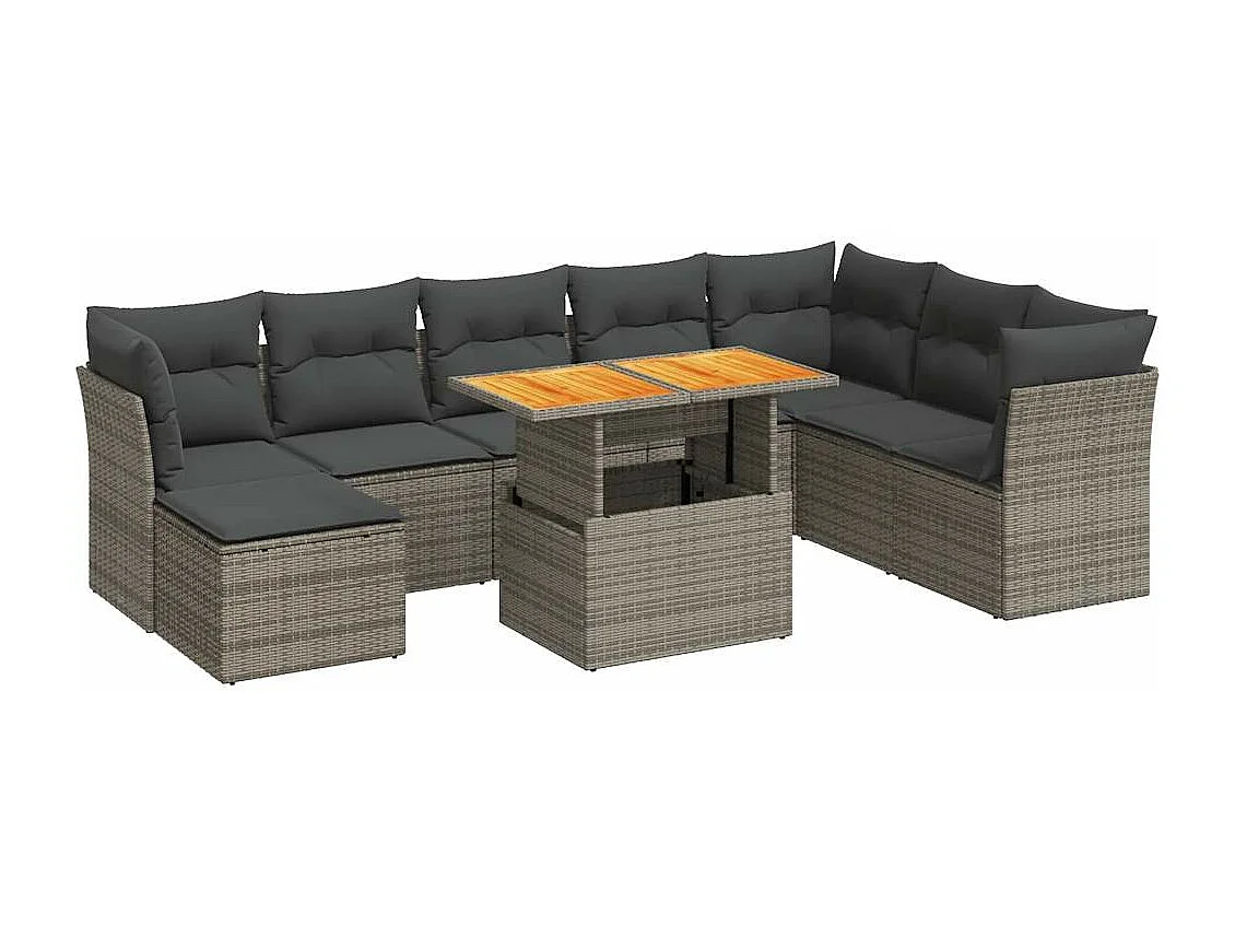 Salon de jardin 9 pièces avec coussins gris résine tressée