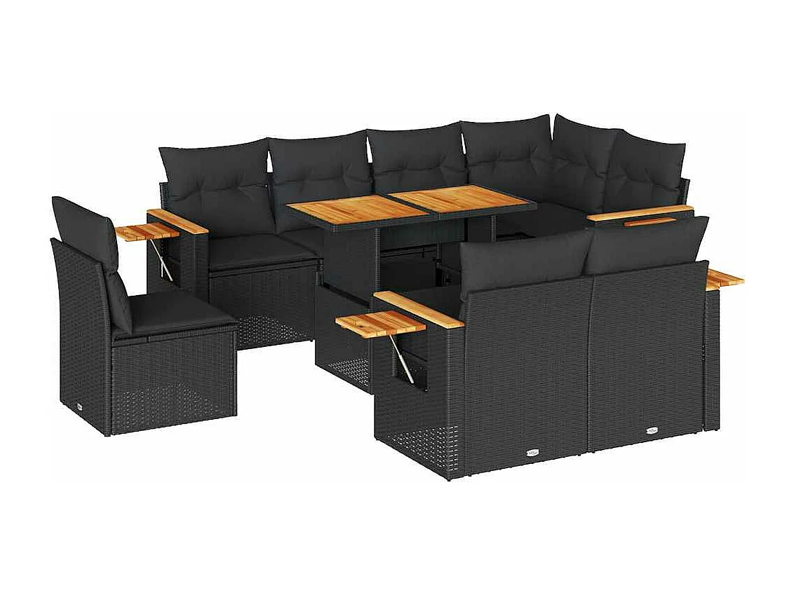 Salon de jardin avec coussins 9 pièces noir résine tressée acacia
