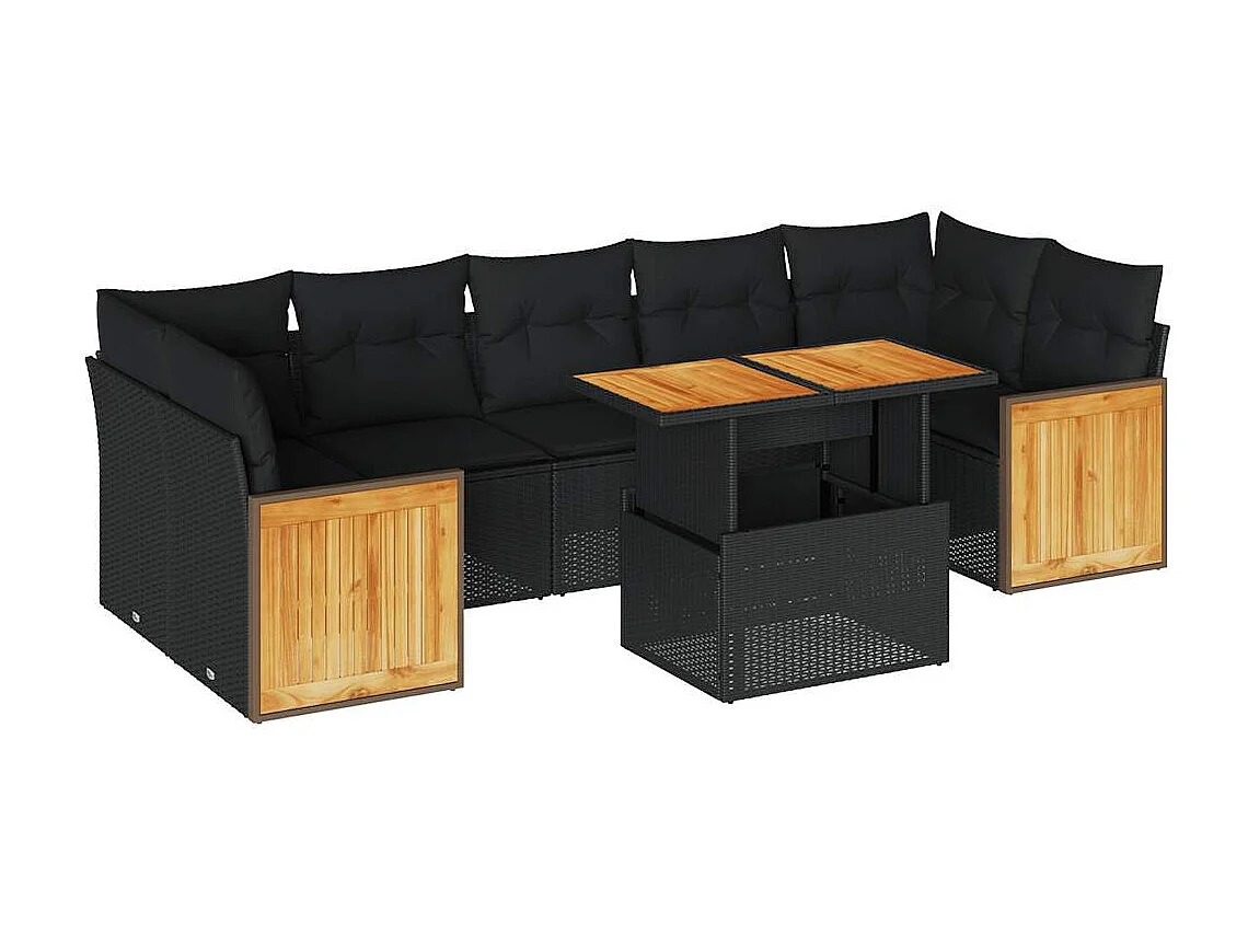 Salon de jardin avec coussins 8 pièces noir résine tressée acacia