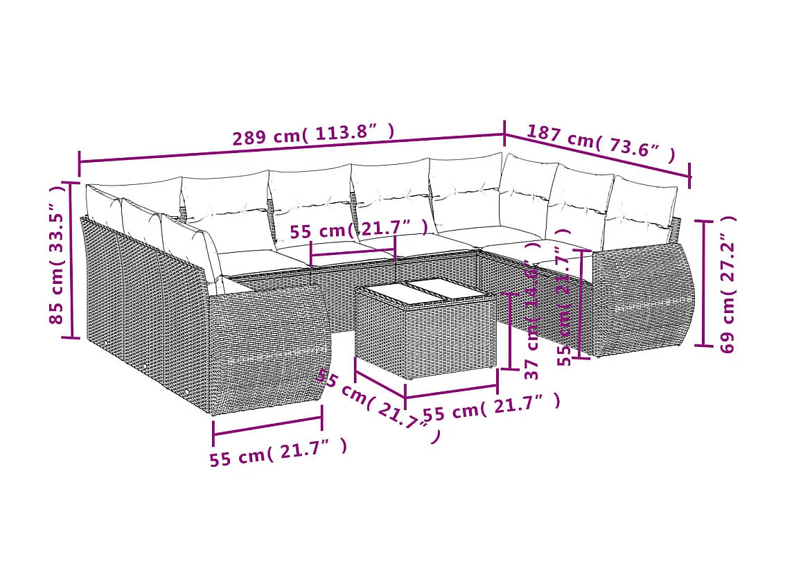Salon de jardin 10 pièces avec coussins marron résine tressée
