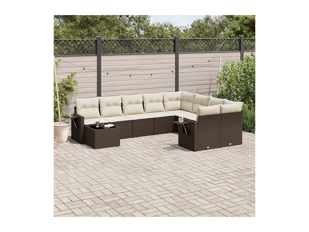 10-delige Loungeset met kussens poly rattan bruin
