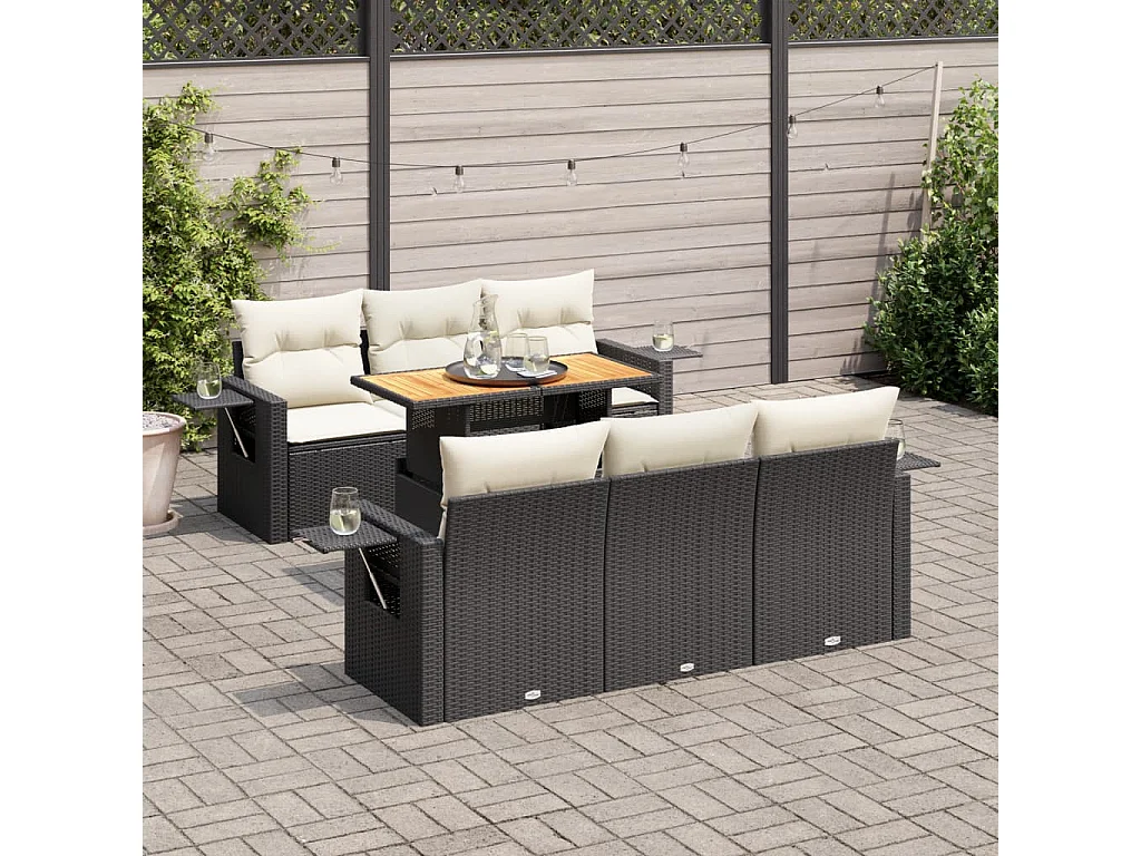 7 peças conjunto de sofás para jardim com almofadões vime PE preto