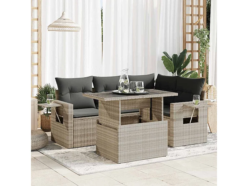 5-delige Loungeset met kussens poly rattan lichtgrijs