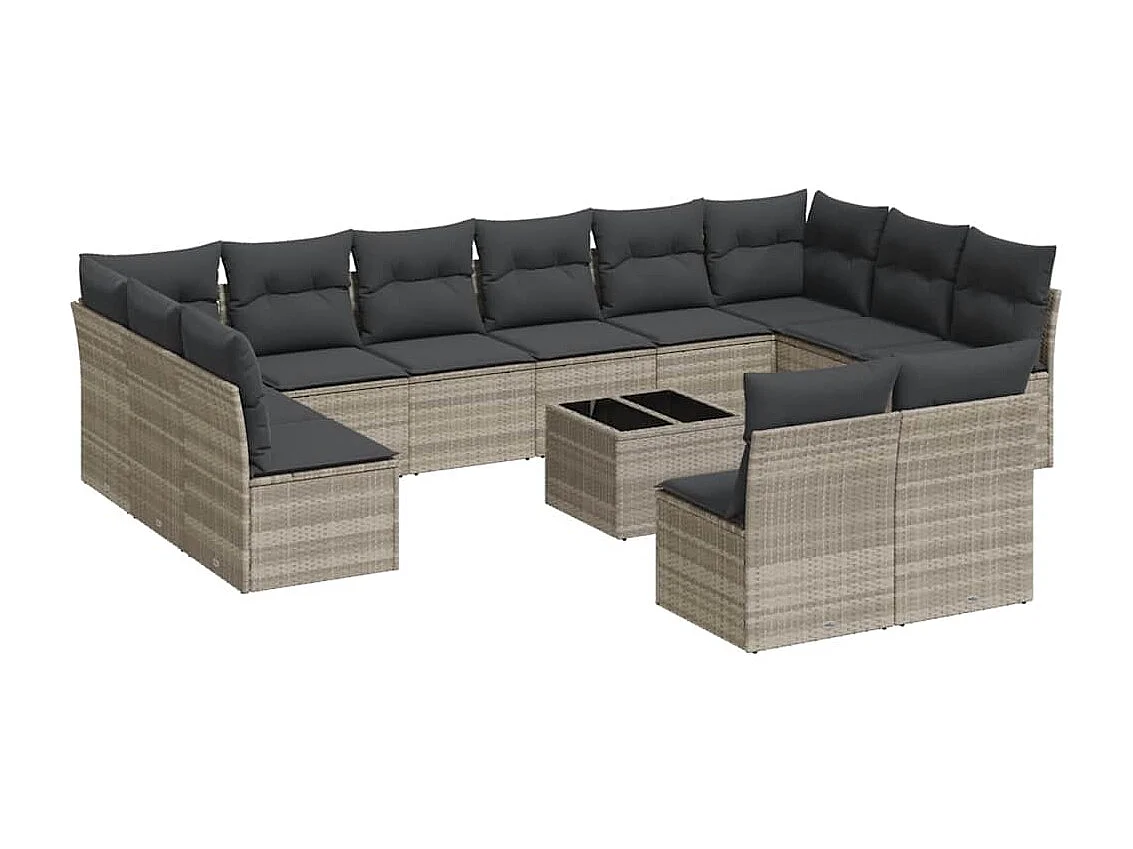 13 peças conj. sofás jardim com almofadões vime PE cinzento-claro