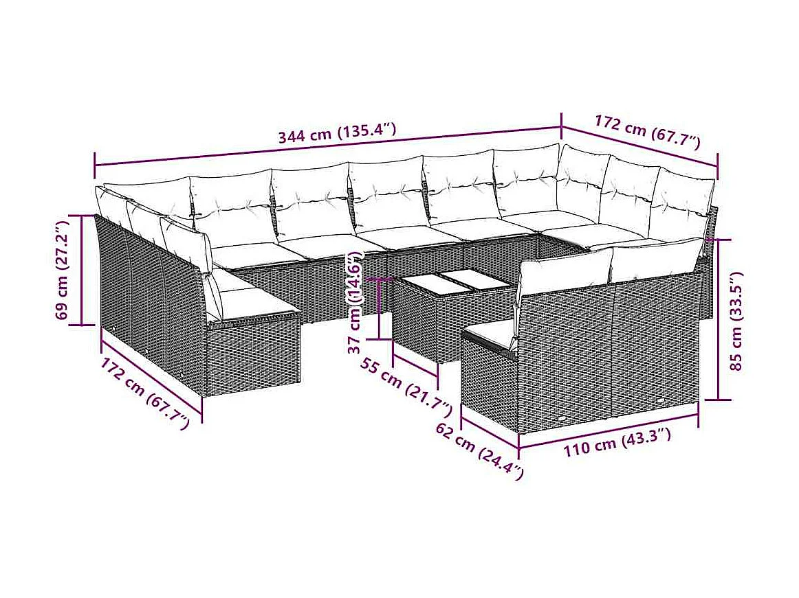 13 peças conj. sofás jardim com almofadões vime PE cinzento-claro