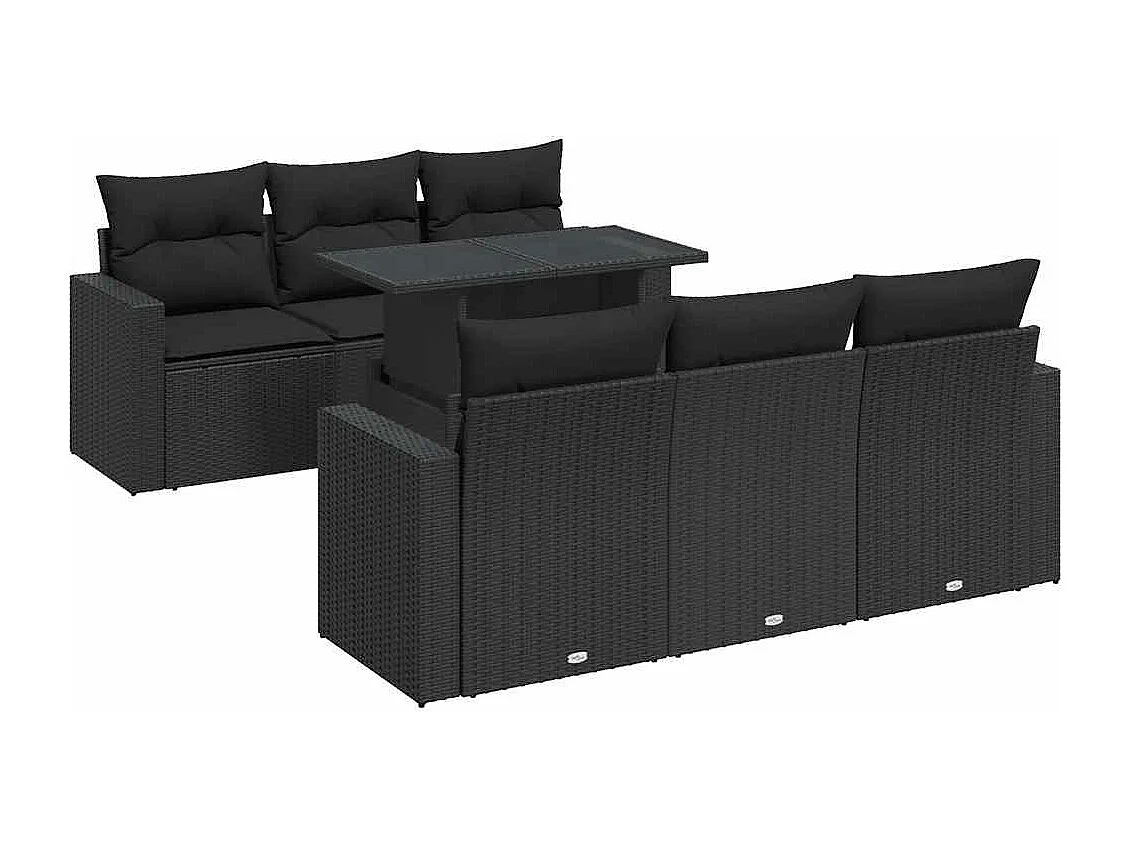 Salon de jardin 7 pièces avec coussins noir résine tressée