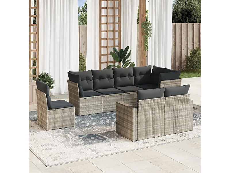 8-delige Loungeset met kussens poly rattan lichtgrijs