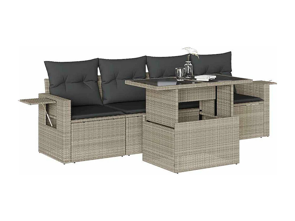 Salon de jardin 5 pièces avec coussins gris clair résine tressée