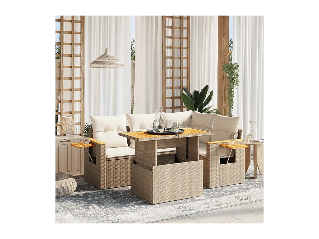 5-delige Loungeset met kussens poly rattan beige
