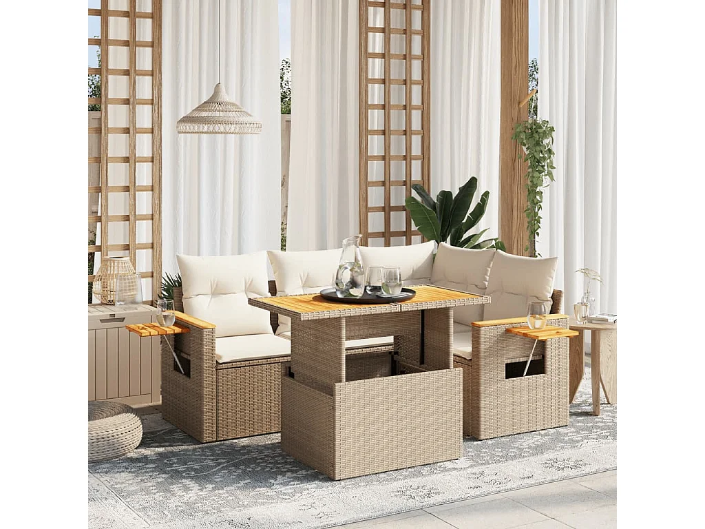 Salon de jardin avec coussins 5 pièces beige résine tressée