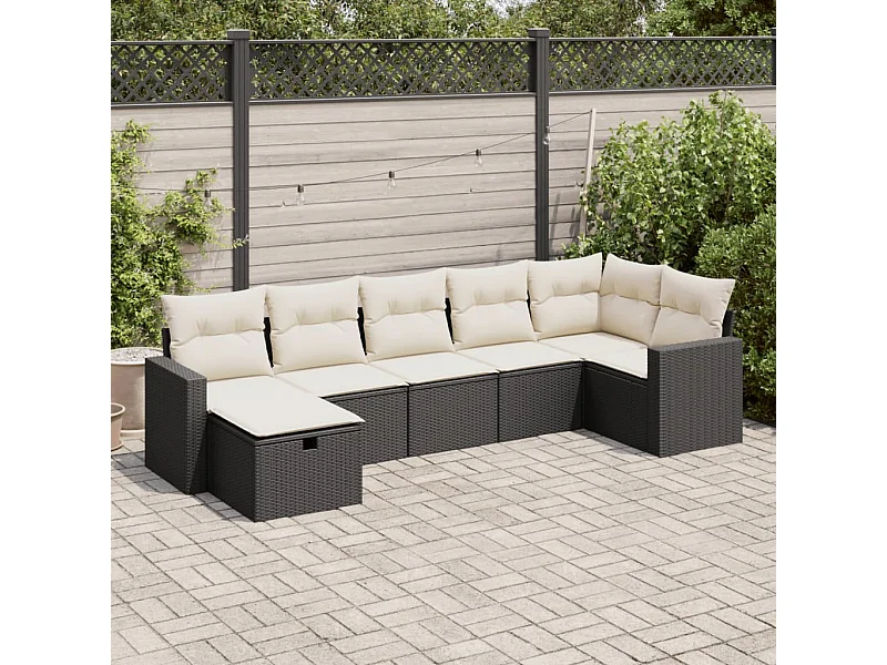 7 peças conjunto de sofás para jardim com almofadões vime PE preto