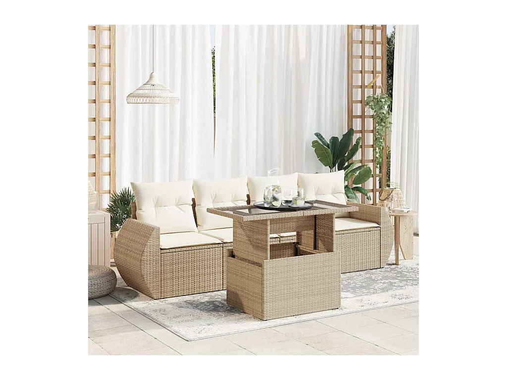 Salon de jardin avec coussins 5 pièces beige résine tressée