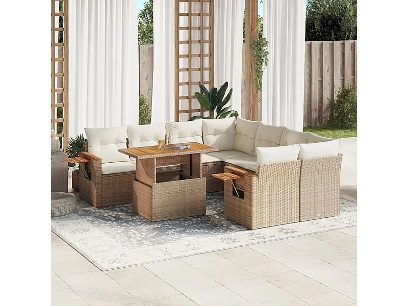 Salon de jardin avec coussins 9 pièces beige résine tressée