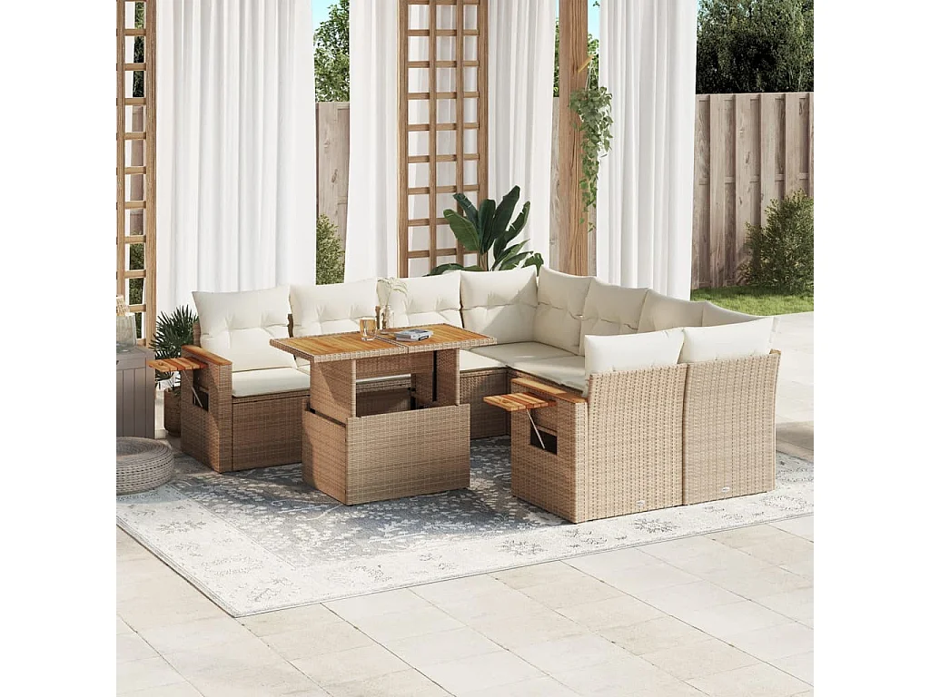 Salon de jardin avec coussins 9 pièces beige résine tressée