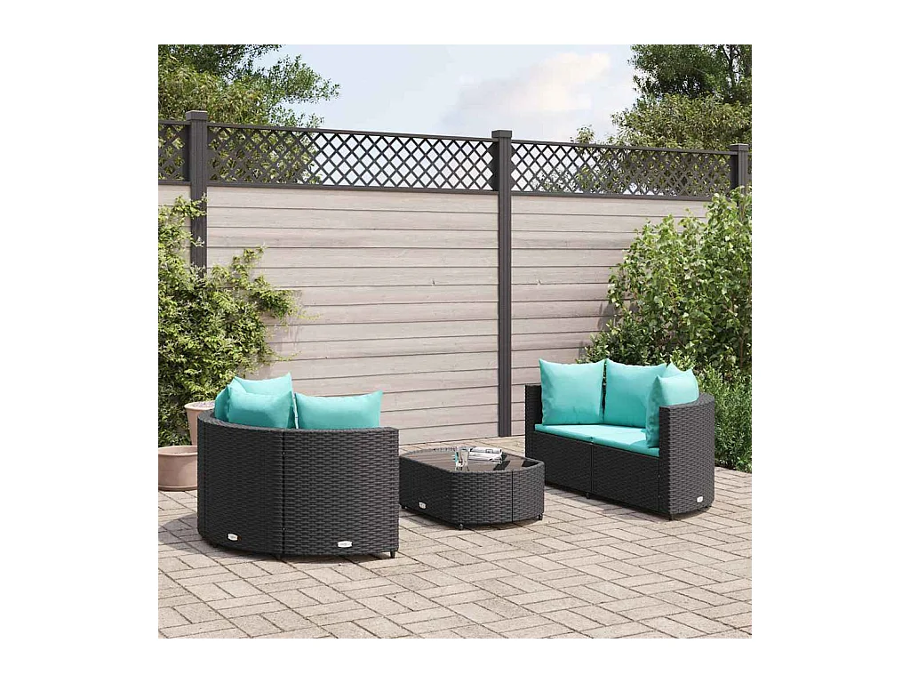 Salon de jardin 5 pièces avec coussins noir résine tressée