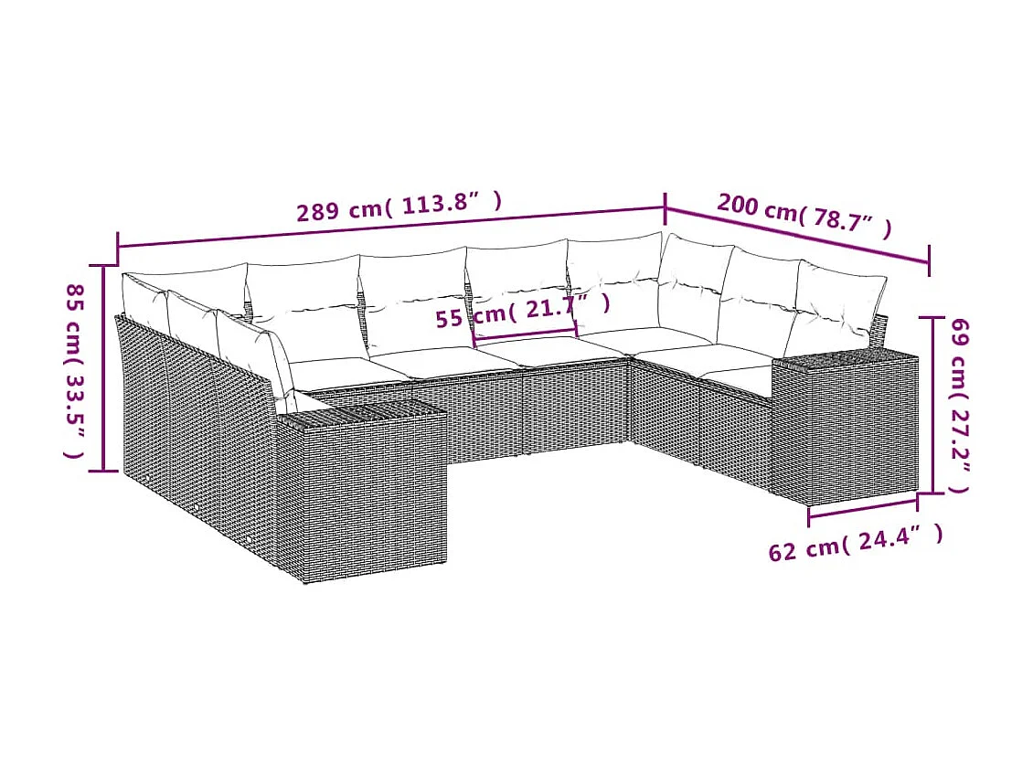 9-delige Loungeset met kussens poly rattan lichtgrijs