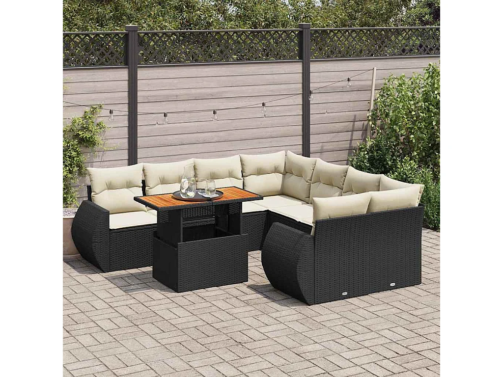 Salon de jardin 9 pièces avec coussins noir résine tressée