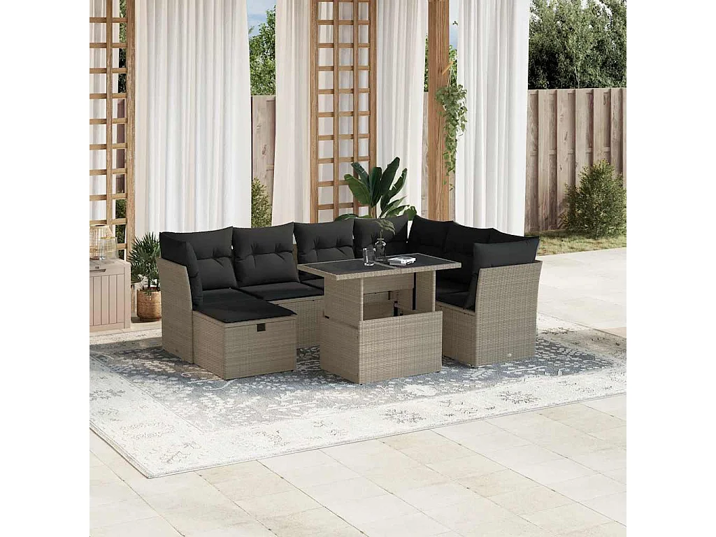 Salon de jardin 8 pièces avec coussins gris clair résine tressée