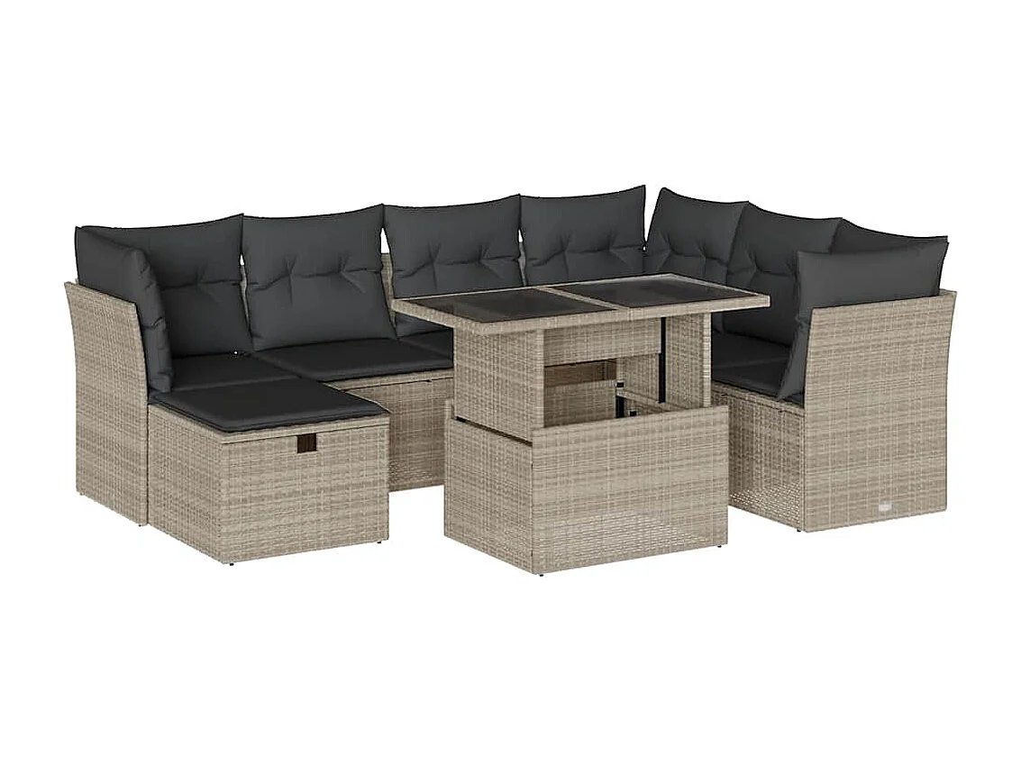 Salon de jardin 8 pièces avec coussins gris clair résine tressée