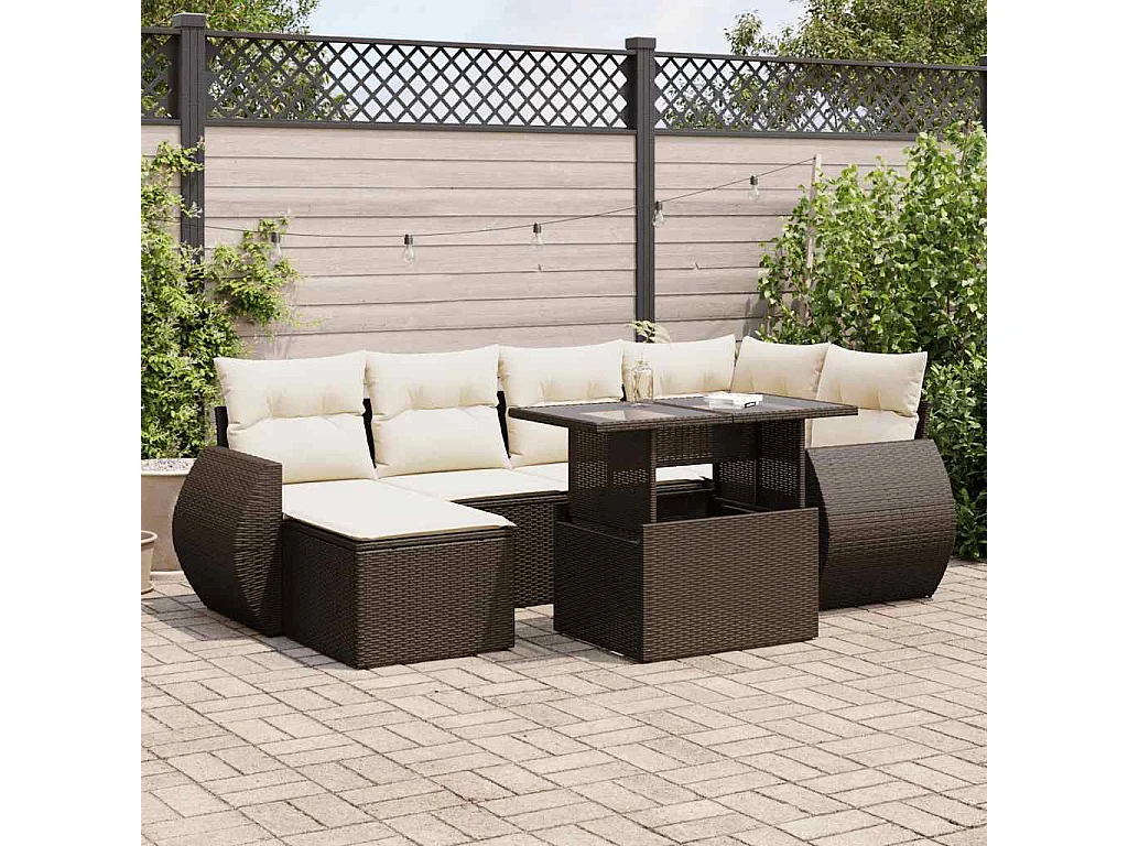 7-delige Loungeset met kussens poly rattan bruin