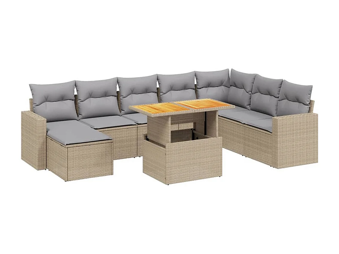 Salon de jardin avec coussins 9 pièces beige résine tressée