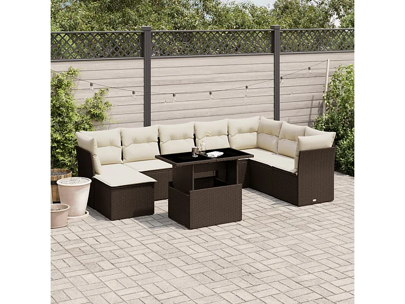 Set de sofás de jardín 9 piezas y cojines ratán sintético marrón