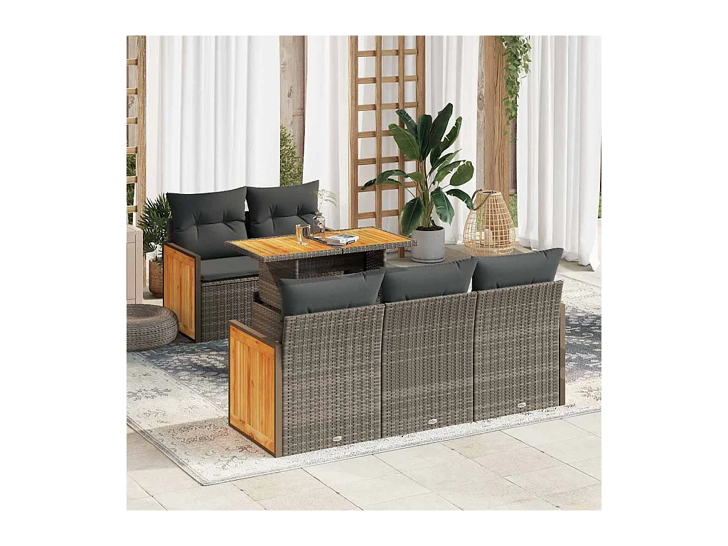 6-delige Loungeset met kussens poly rattan acacia grijs
