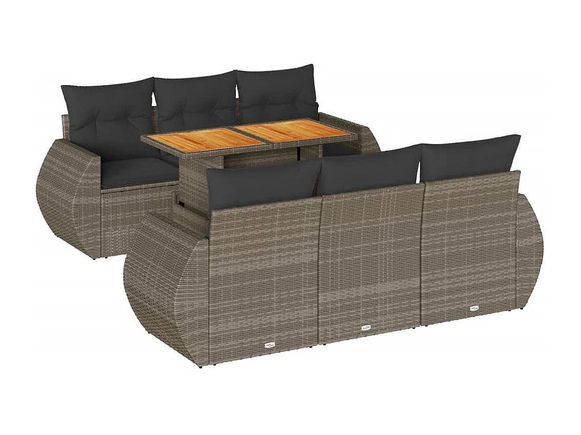 Set de sofás de jardín 7 piezas con cojines ratán sintético gris