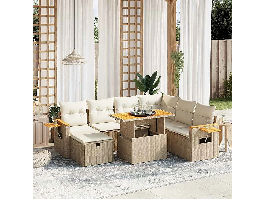 8-delige Loungeset met kussens poly rattan beige