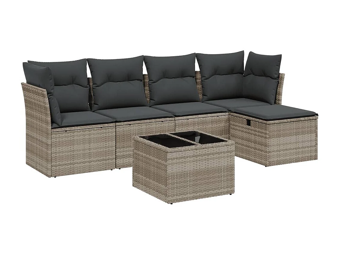 Set de sofás de jardín 6 piezas y cojines ratán sintético gris