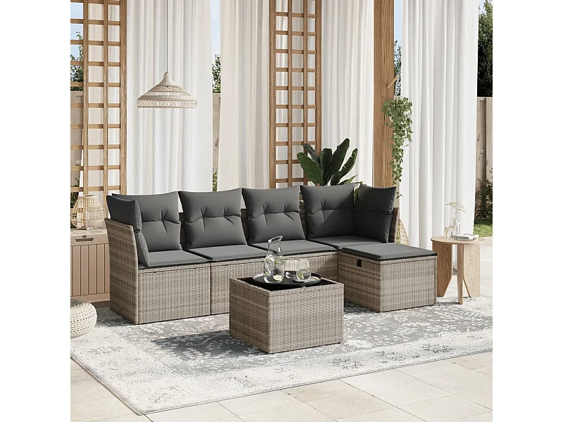 Salon de jardin 6 pièces avec coussins gris clair résine tressée